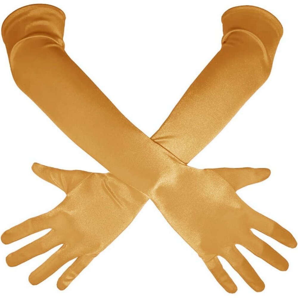 Women's Gold Shiny Satin Long Gloves Elbow Length Wedding Dancing Party Tea